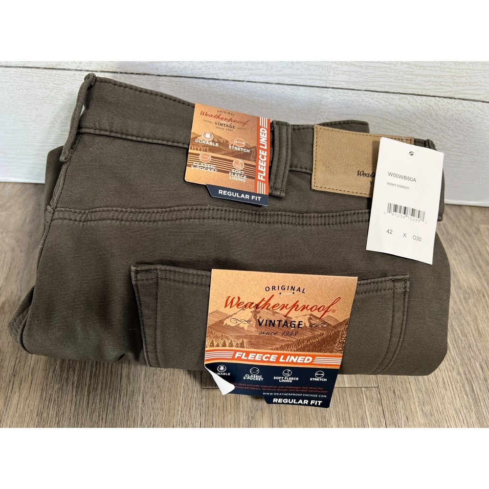 Weatherproof Vintage NEW Fleece Lined Pant Men 42x30 Night Forest Green Stretch